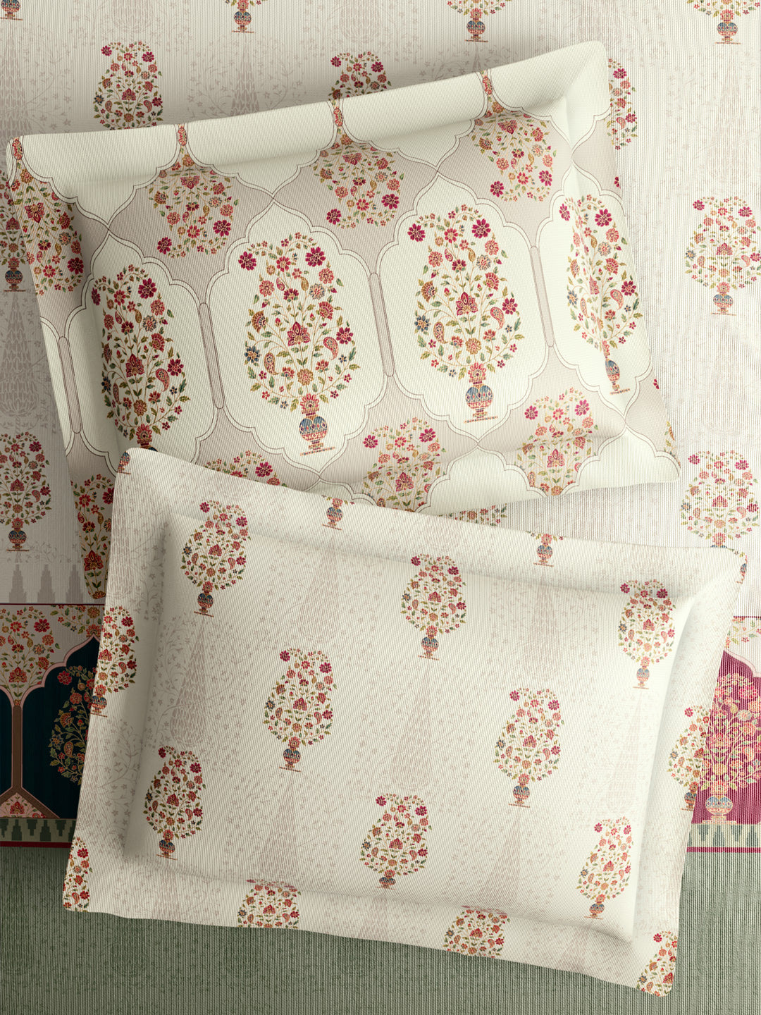 Royal Essence 100% Cotton 400 TC White Digital Ethnic Print King Bedsheet with 4 Pillow Covers