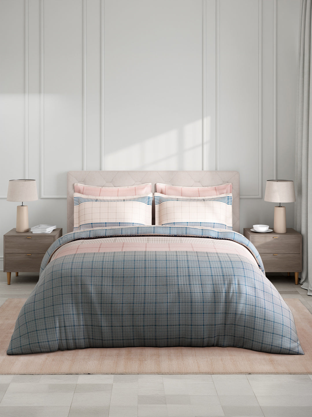 100% Cotton King Bedsheet Set with 4 Pillow Covers & 2 Cushion Covers, 400 TC Multicolor Geometrical, Royal Essence