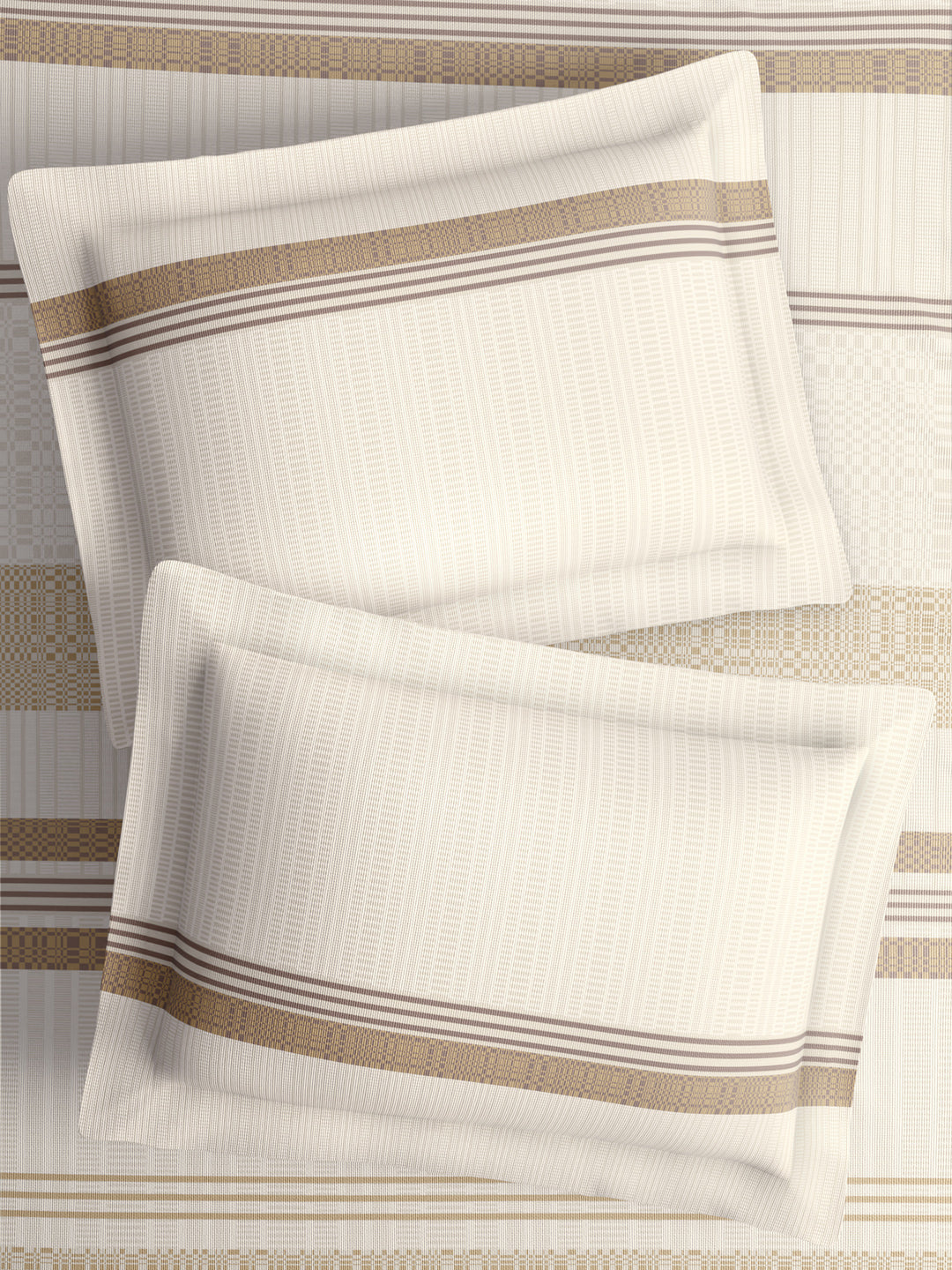 100% Cotton King Bedsheet Set with 4 Pillow Covers & 2 Cushion Covers, 400 TC Beige & White Geometrical, Royal Essence