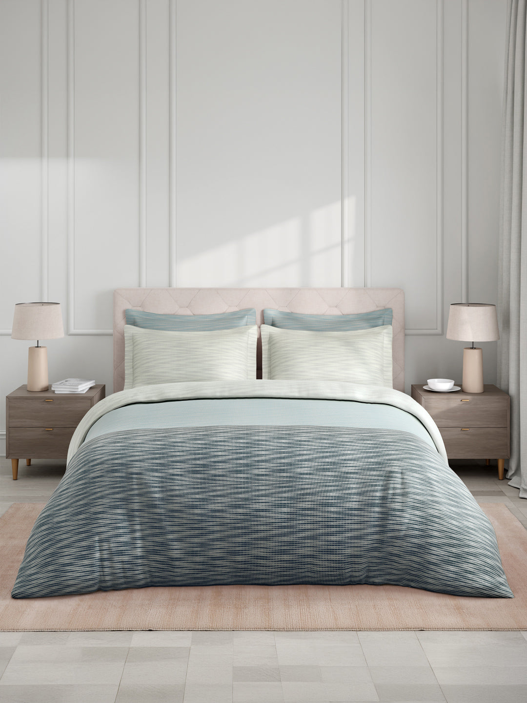 100% Cotton King Bedsheet Set with 4 Pillow Covers & 2 Cushion Covers, 400 TC Grey Geometrical, Royal Essence