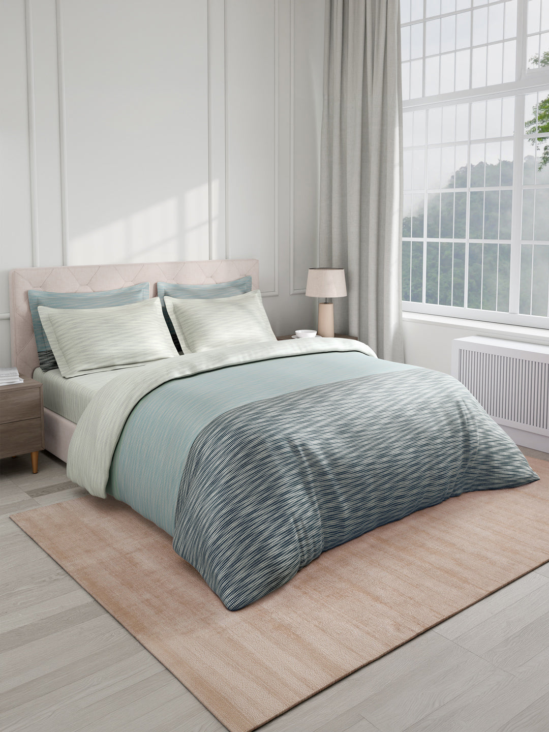 100% Cotton King Bedsheet Set with 4 Pillow Covers & 2 Cushion Covers, 400 TC Grey Geometrical, Royal Essence