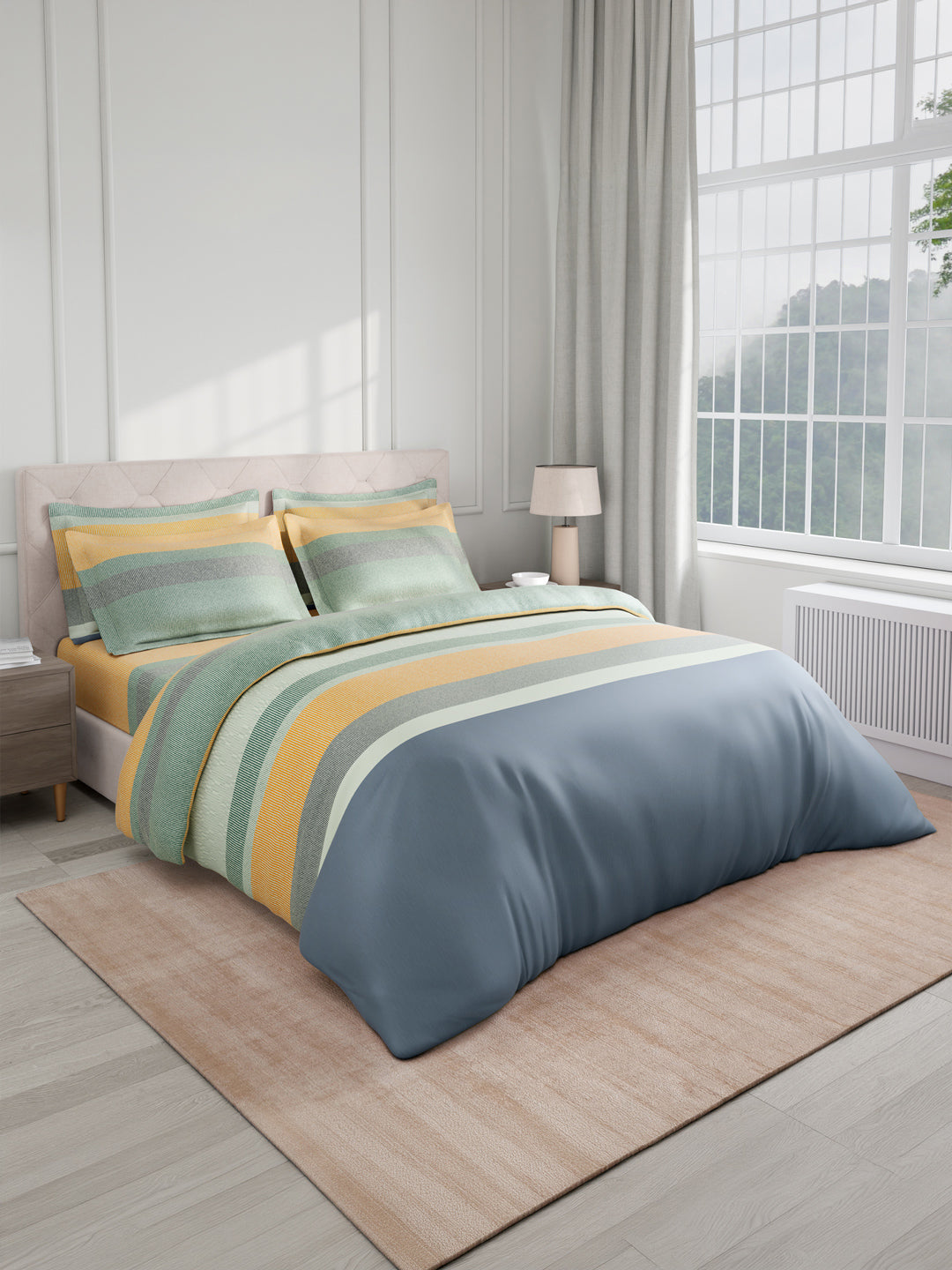 100% Cotton King Bedsheet Set with 4 Pillow Covers & 2 Cushion Covers, 400 TC Multicolor Geometrical, Royal Essence