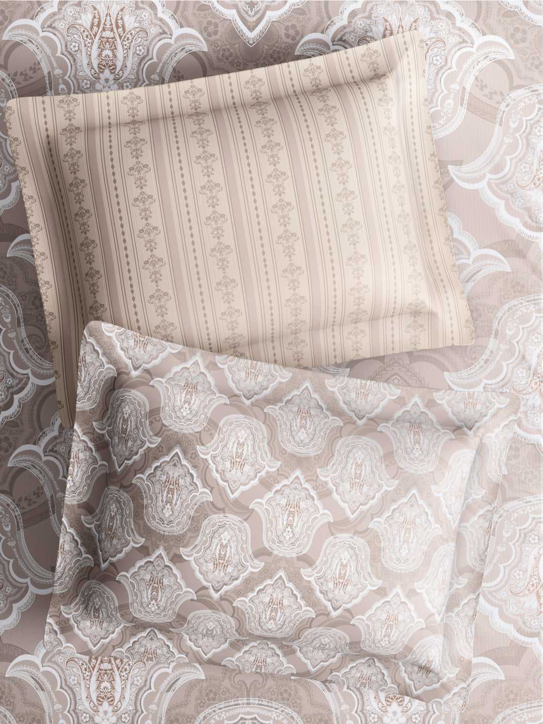100% Cotton King Bedsheet Set with 4 Pillow Covers & 2 Cushion Covers, 400 TC Grey Ethnic Print, Royal Essence