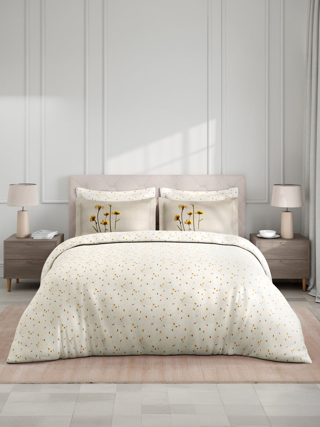100% Cotton King Bedsheet Set with 4 Pillow Covers & 2 Cushion Covers, 400 TC White Floral, Royal Essence