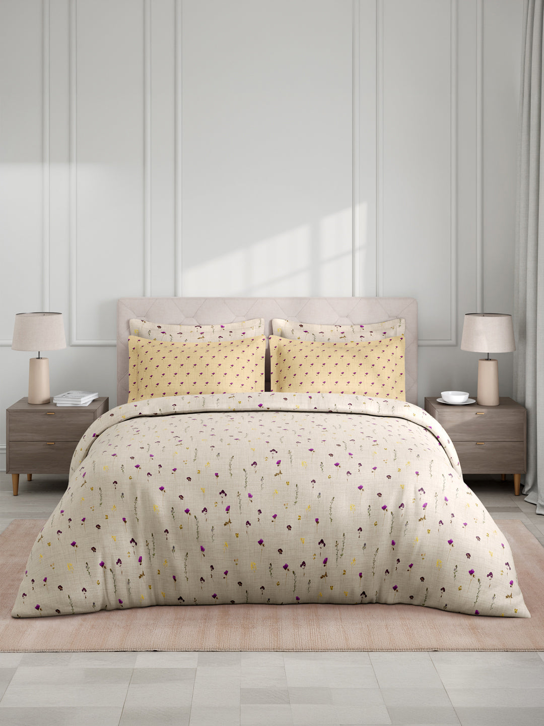 100% Cotton King Bedsheet Set with 4 Pillow Covers & 2 Cushion Covers, 400 TC White & Purple Floral, Royal Essence Nature Poetry