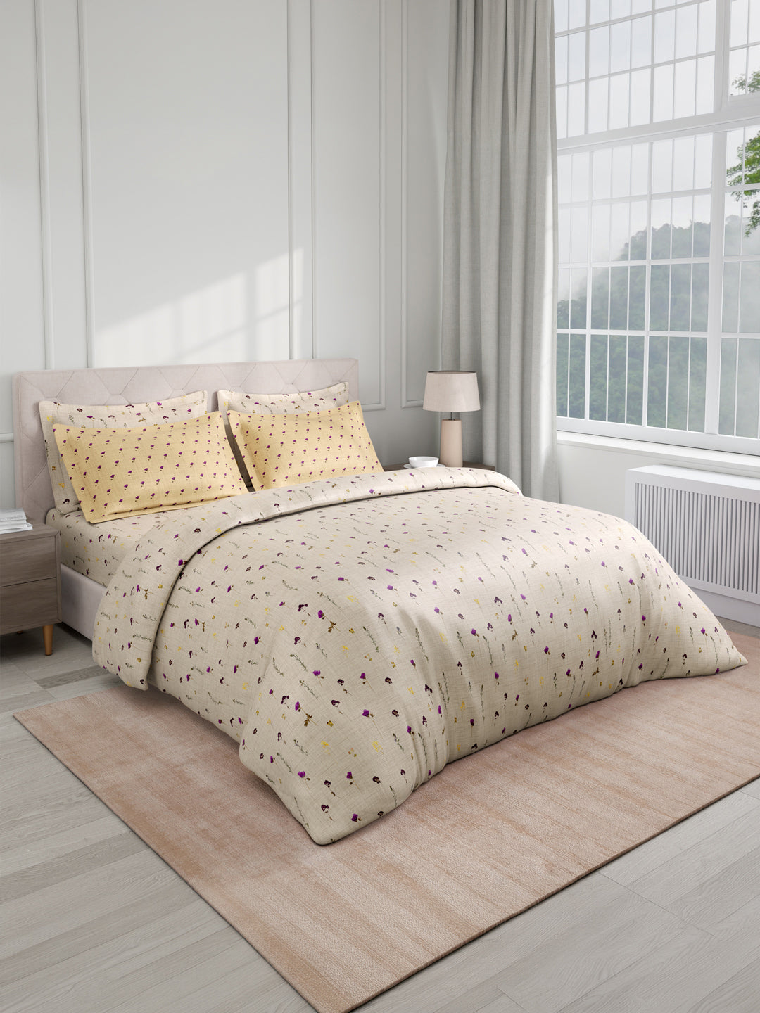 100% Cotton King Bedsheet Set with 4 Pillow Covers & 2 Cushion Covers, 400 TC White & Purple Floral, Royal Essence Nature Poetry