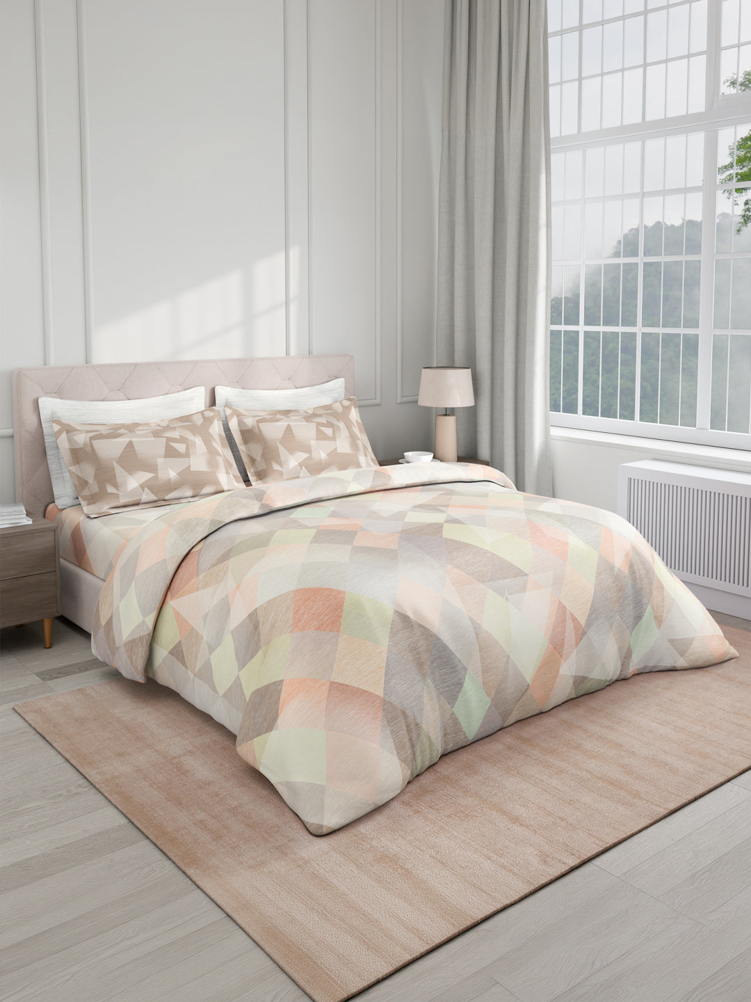 100% Cotton King Bedsheet Set with 4 Pillow Covers & 2 Cushion Covers, 400 TC Beige Geometrical, Royal Essence
