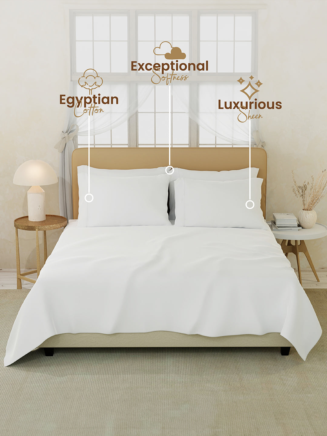 Premium Quality 100% Egyptian Cotton 1000 TC, White King Bedsheet with 4 Pillow Covers (Pearl Stitched), Infinity