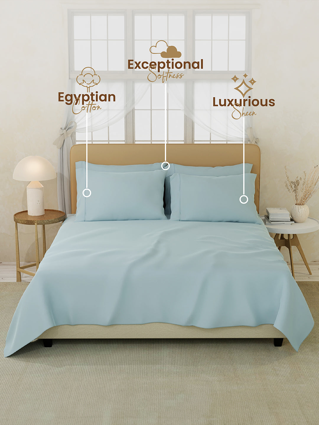 Premium Quality 100% Egyptian Cotton 1000 TC, Blue King Bedsheet with 4 Pillow Covers (Pearl Stitched), Infinity