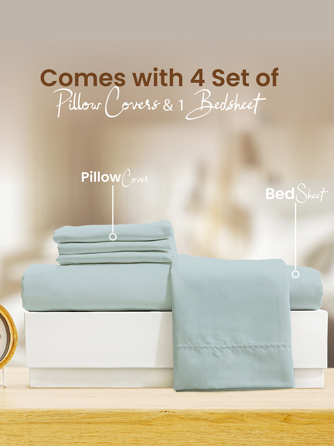 Infinity Premium 1000 TC Egyptian cotton blue king bedsheet with pearl-stitched detailing and 4 pillow covers for a luxurious hotel-style bedding experience.