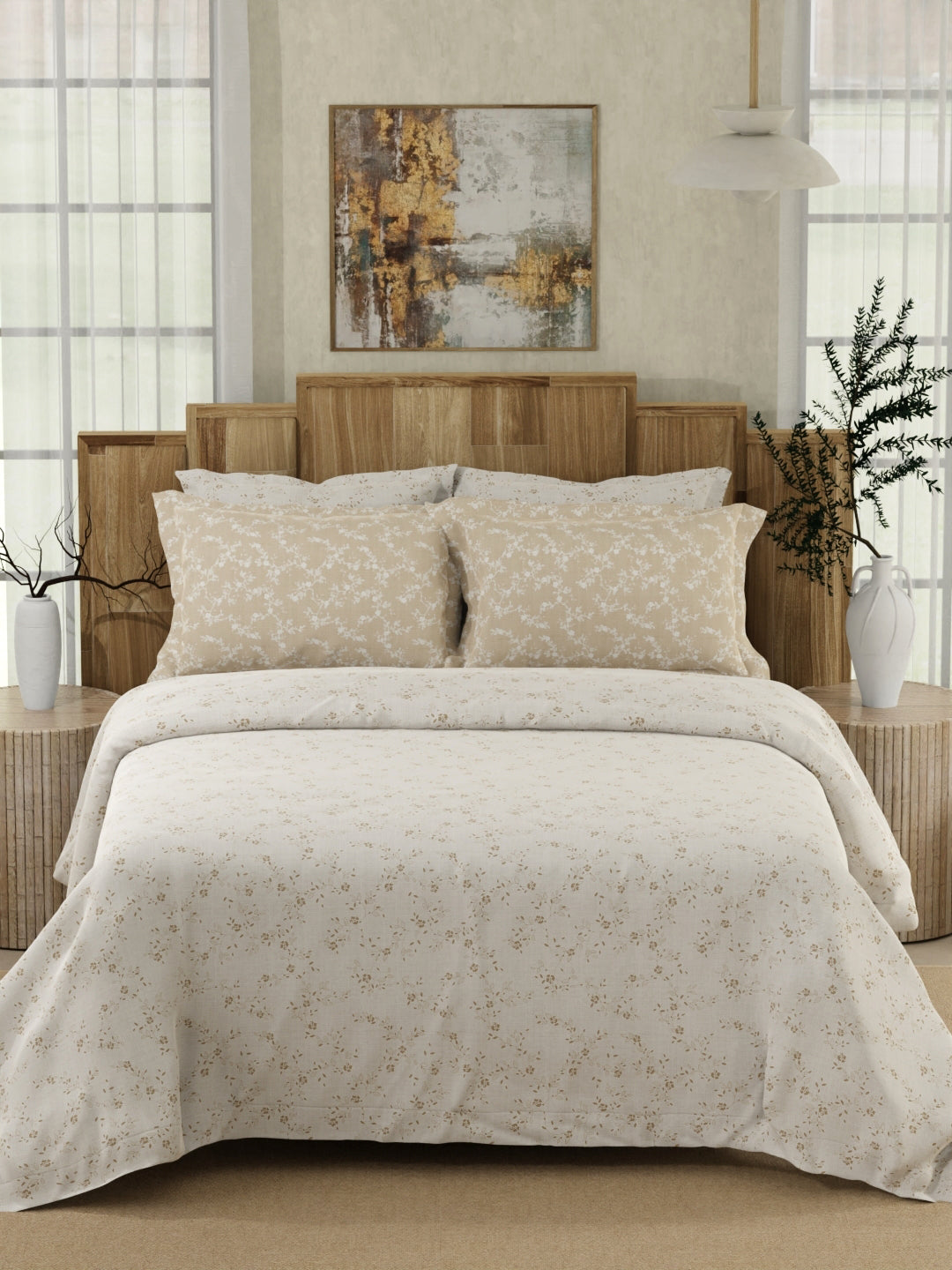 Zen Living 500 TC TENCEL™ King Size Bedsheet with 4 Pillow Covers (Double Marrow Stitch) - Beige & White Floral Print