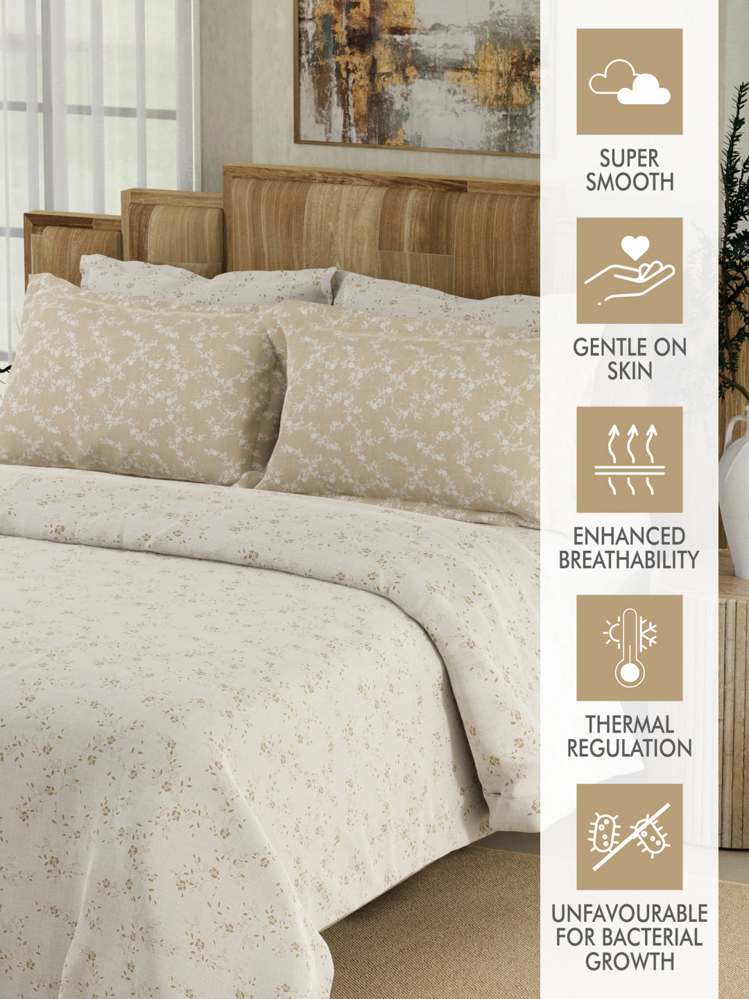 Zen Living 500 TC TENCEL™ King Size Bedsheet with 4 Pillow Covers (Double Marrow Stitch) - Beige & White Floral Print