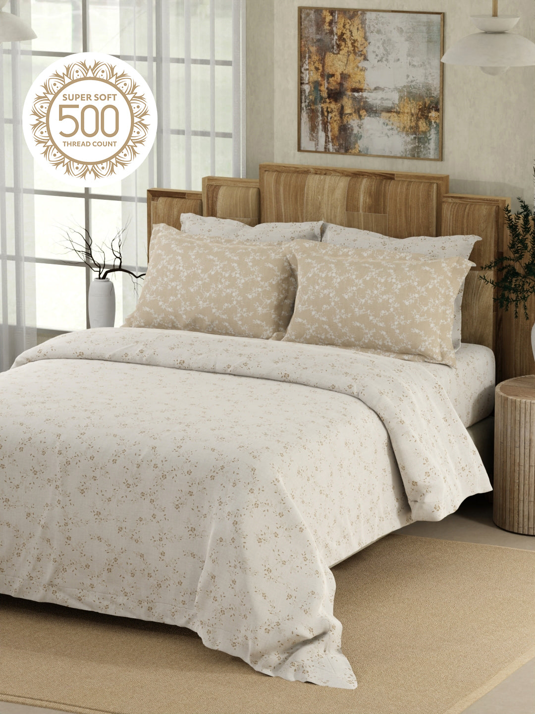 Zen Living 500 TC TENCEL™ King Size Bedsheet with 4 Pillow Covers (Double Marrow Stitch) - Beige & White Floral Print