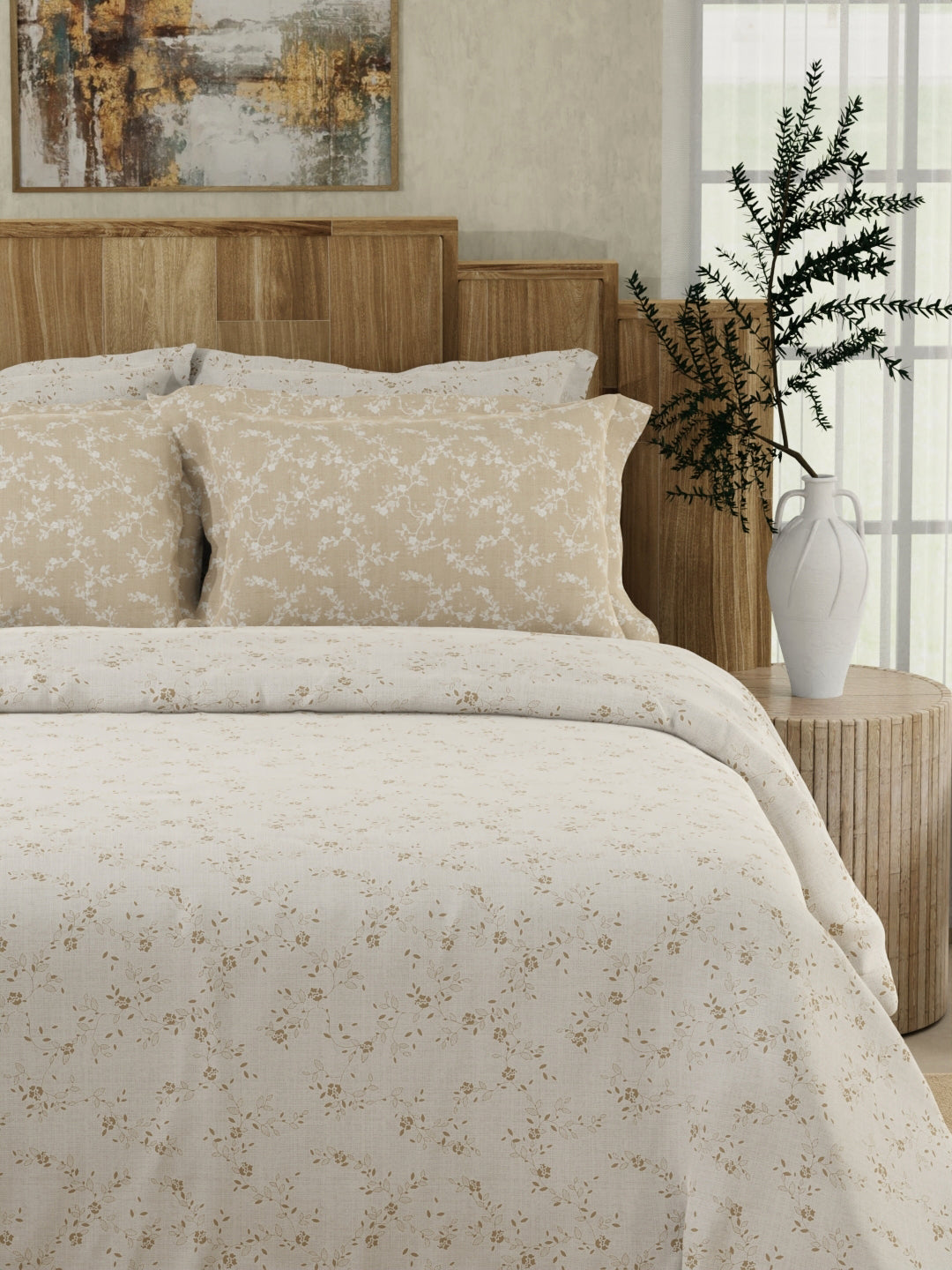 Zen Living 500 TC TENCEL™ King Size Bedsheet with 4 Pillow Covers (Double Marrow Stitch) - Beige & White Floral Print