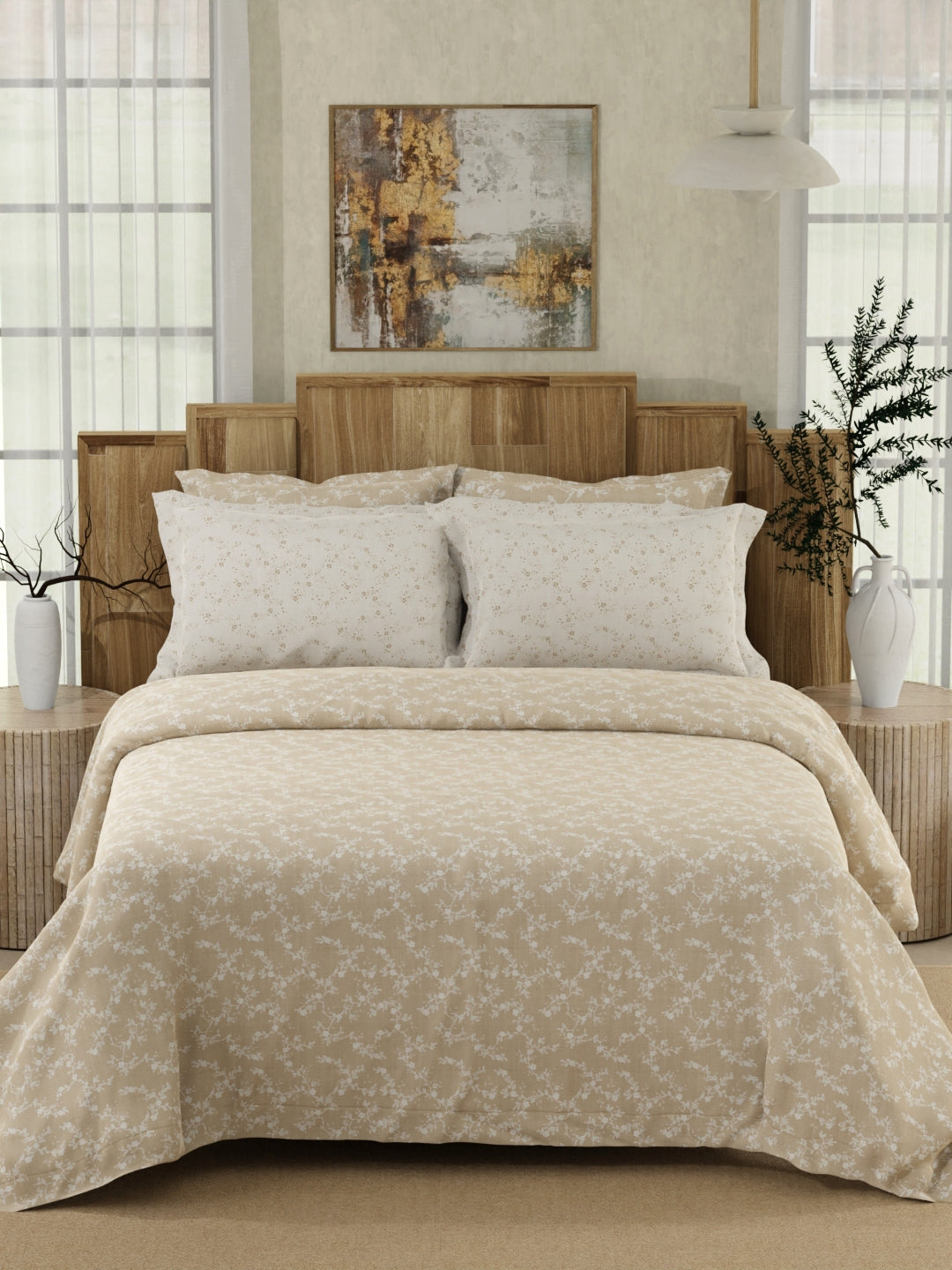 Zen Living 500 TC TENCEL™ King Size Bedsheet with 4 Pillow Covers (Double Marrow Stitch) - Beige & White Floral Print
