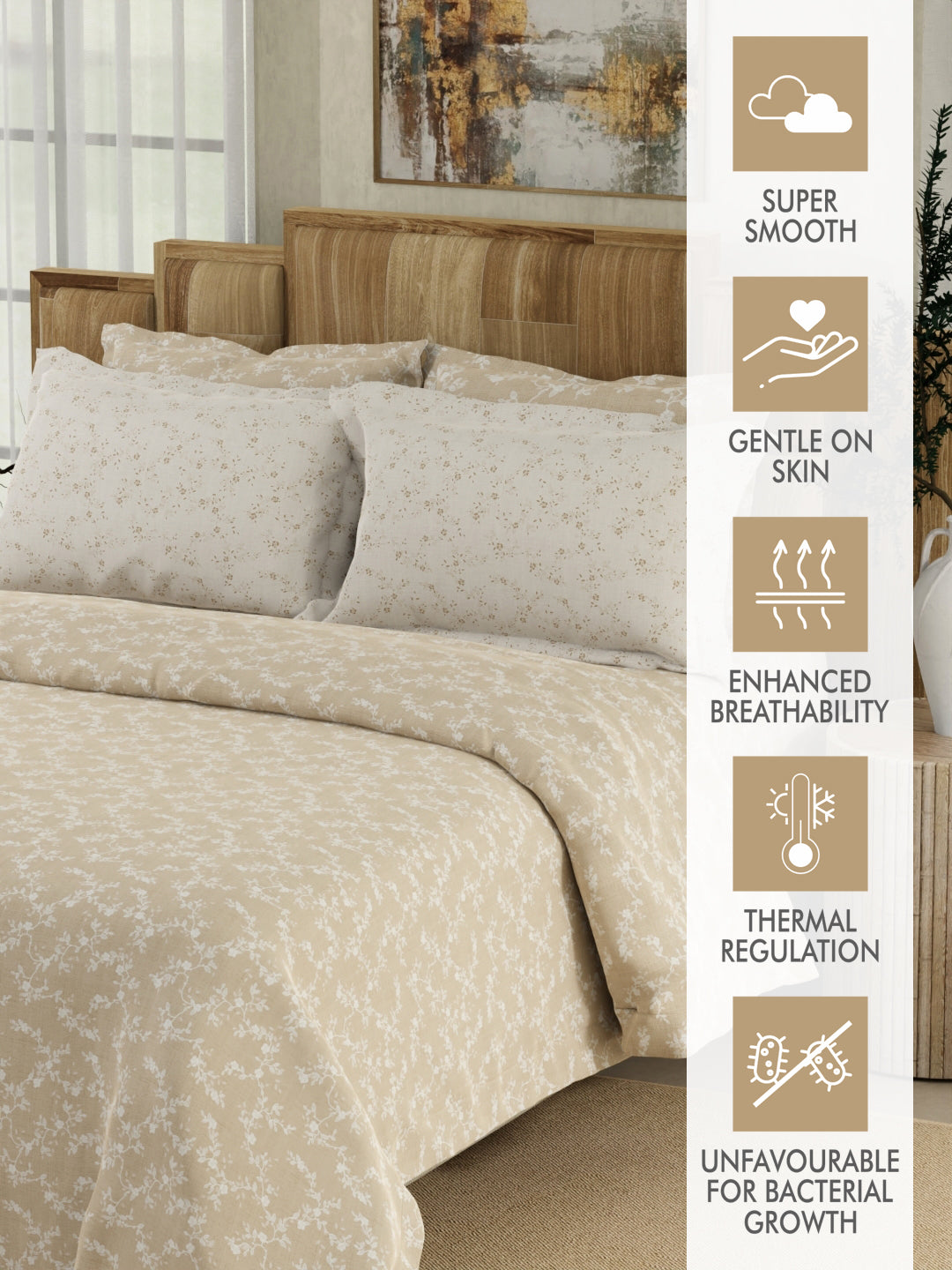 Zen Living 500 TC TENCEL™ King Size Bedsheet with 4 Pillow Covers (Double Marrow Stitch) - Beige & White Floral Print