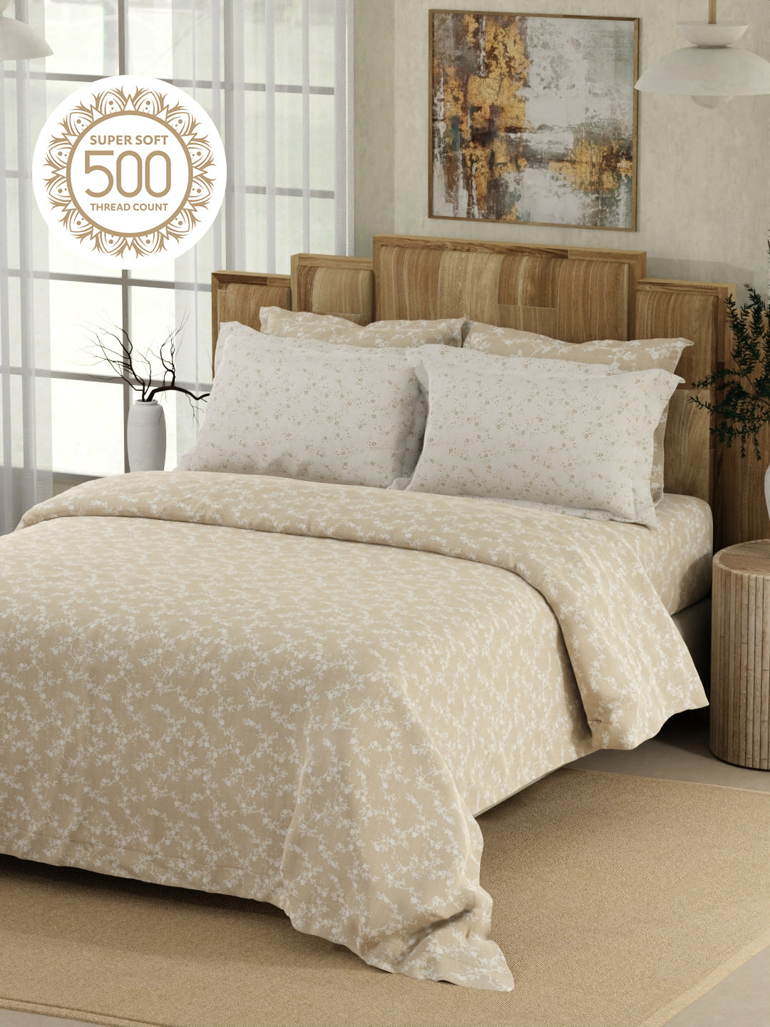 Zen Living 500 TC TENCEL™ King Size Bedsheet with 4 Pillow Covers (Double Marrow Stitch) - Beige & White Floral Print