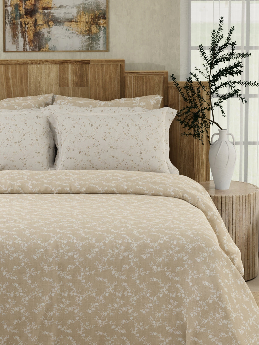 Zen Living 500 TC TENCEL™ King Size Bedsheet with 4 Pillow Covers (Double Marrow Stitch) - Beige & White Floral Print