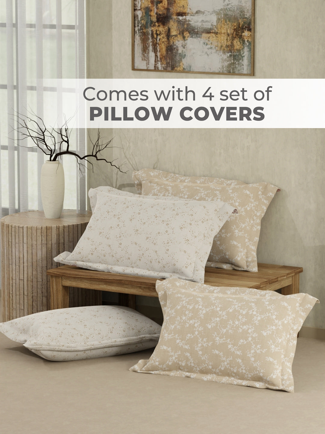 Zen Living 500 TC TENCEL™ King Size Bedsheet with 4 Pillow Covers (Double Marrow Stitch) - Beige & White Floral Print