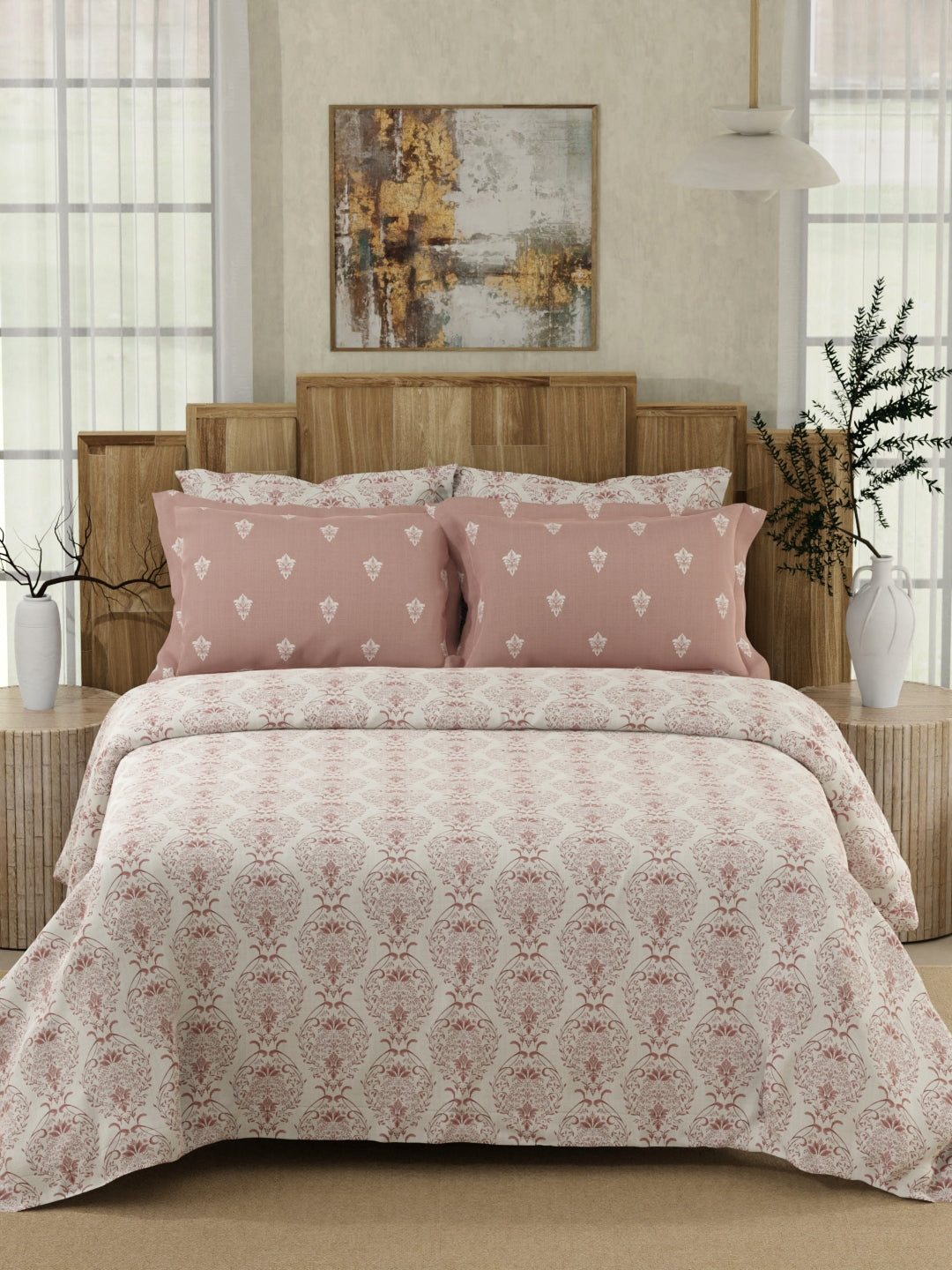 Zen Living 500 TC TENCEL™ King Size Bedsheet with 4 Pillow Covers (Double Marrow Stitch) - Pink & White Ethnic Print