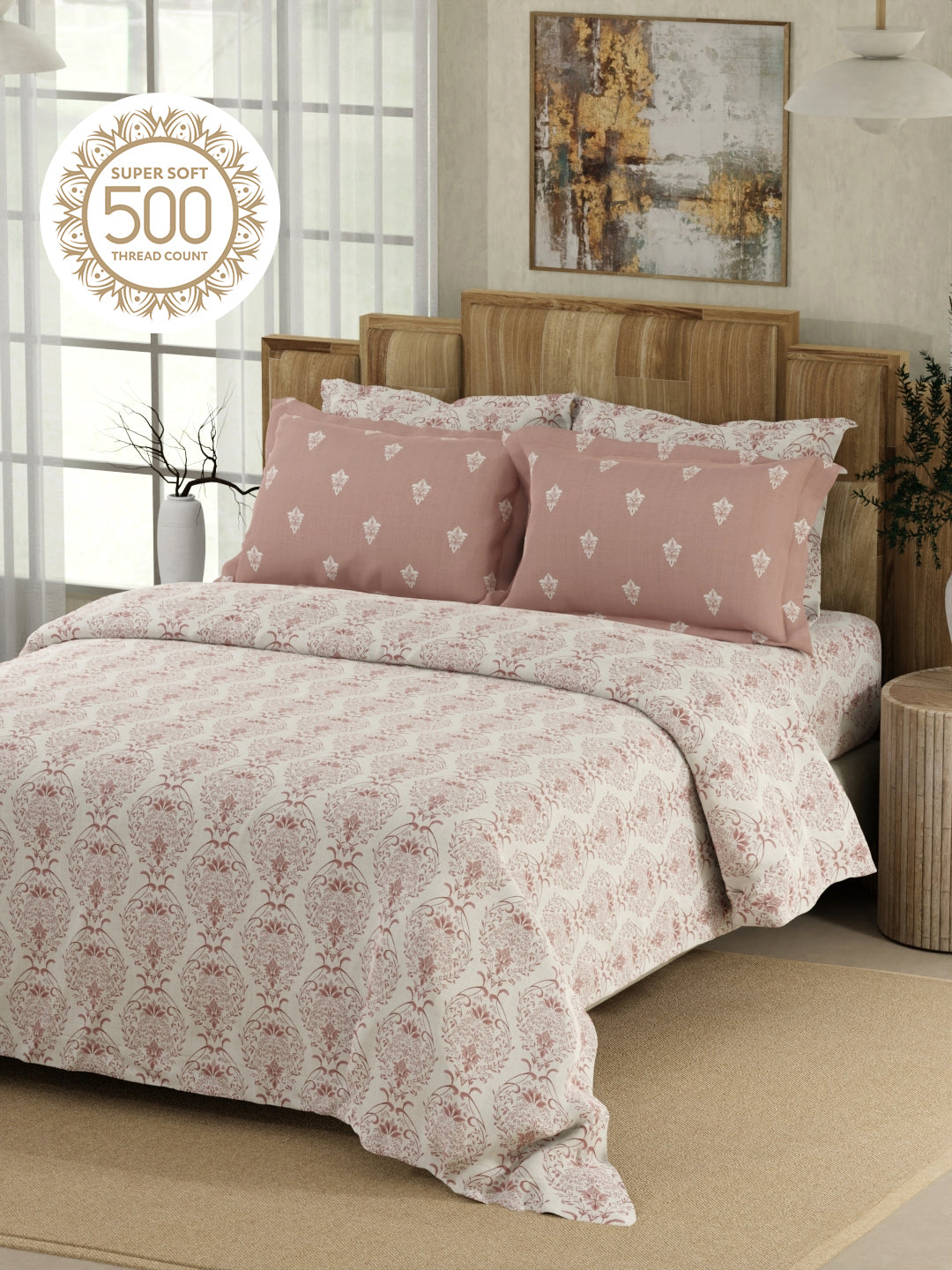 Zen Living 500 TC TENCEL™ King Size Bedsheet with 4 Pillow Covers (Double Marrow Stitch) - Pink & White Ethnic Print