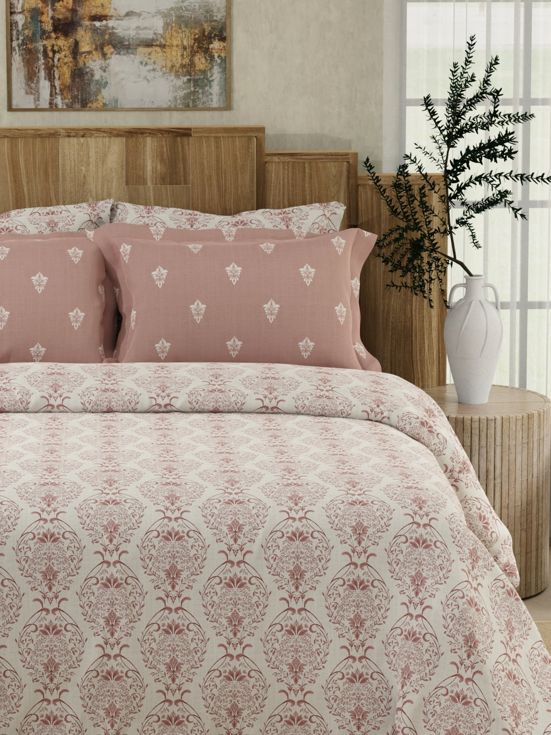Zen Living 500 TC TENCEL™ King Size Bedsheet with 4 Pillow Covers (Double Marrow Stitch) - Pink & White Ethnic Print