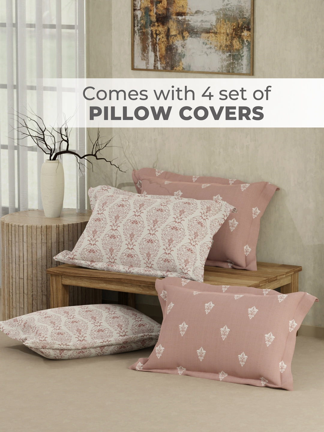 Zen Living 500 TC TENCEL™ King Size Bedsheet with 4 Pillow Covers (Double Marrow Stitch) - Pink & White Ethnic Print