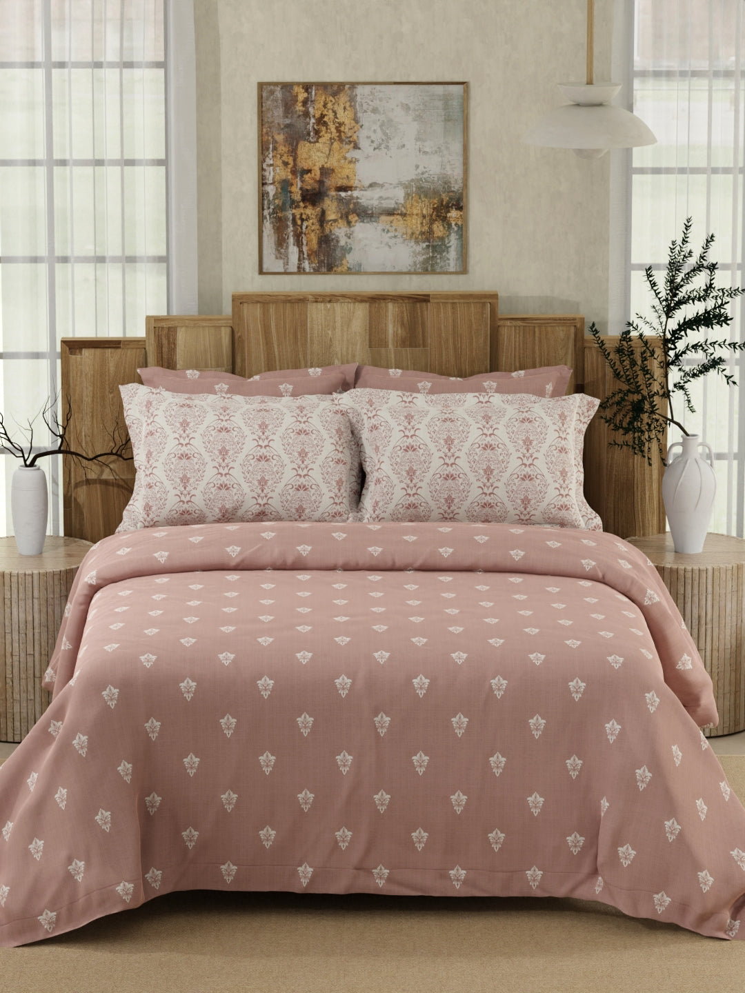 Zen Living 500 TC TENCEL™ King Size Bedsheet with 4 Pillow Covers (Double Marrow Stitch) - Pink Ethnic Print