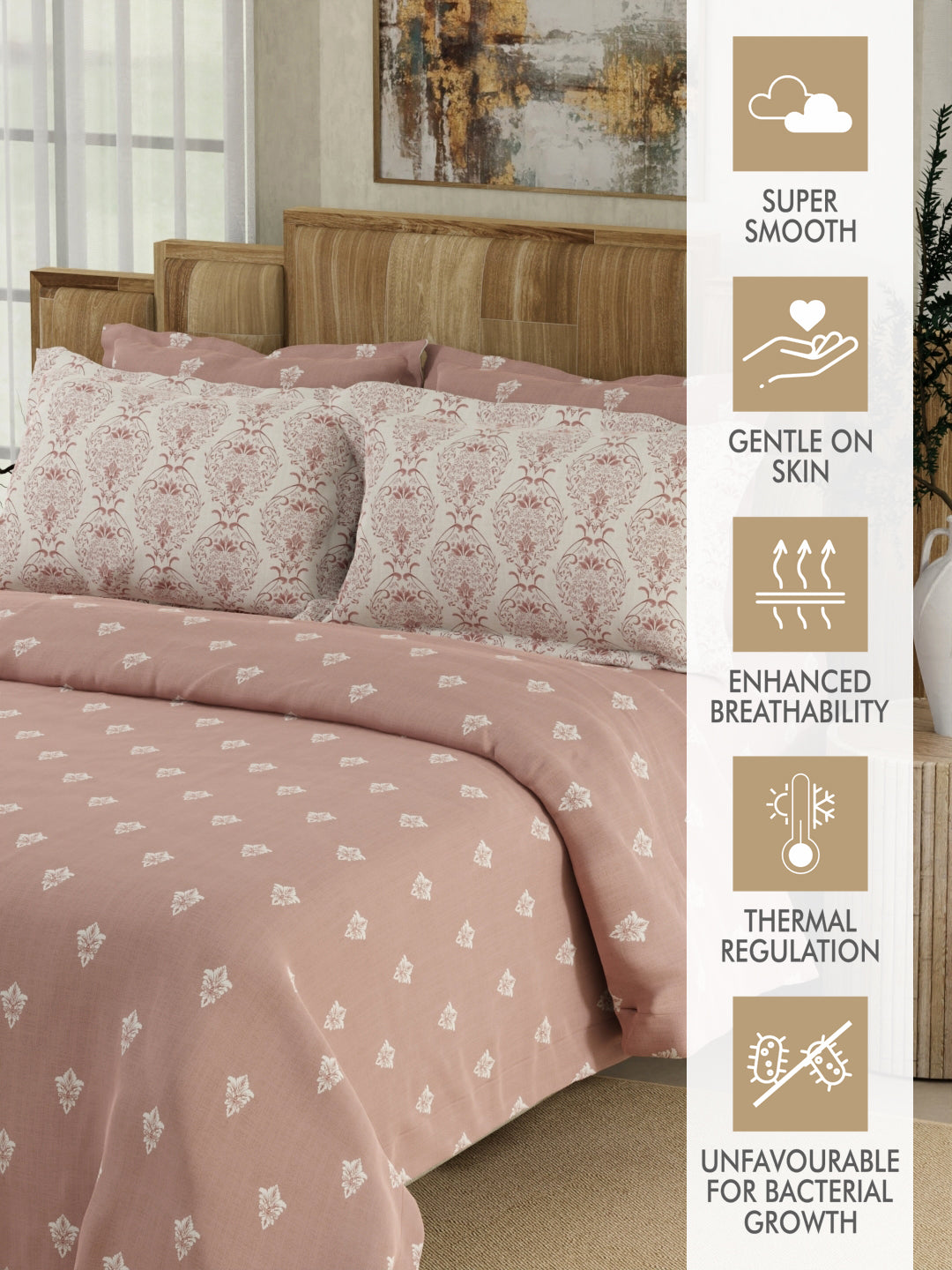 Zen Living 500 TC TENCEL™ King Size Bedsheet with 4 Pillow Covers (Double Marrow Stitch) - Pink Ethnic Print
