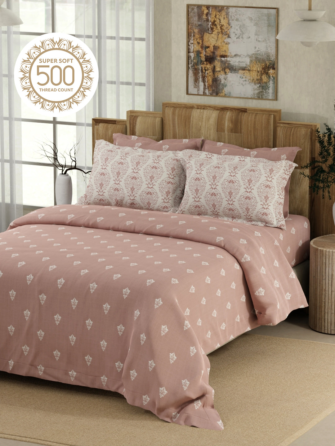 Zen Living 500 TC TENCEL™ King Size Bedsheet with 4 Pillow Covers (Double Marrow Stitch) - Pink Ethnic Print