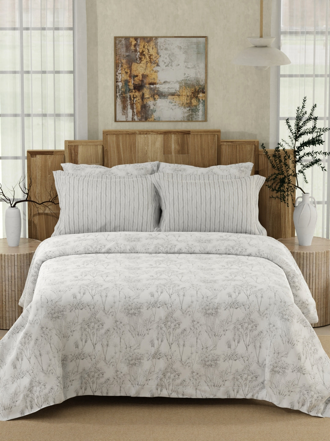 Zen Living 500 TC TENCEL™ King Size Bedsheet with 4 Pillow Covers (Double Marrow Stitch) - White & Grey Floral Print