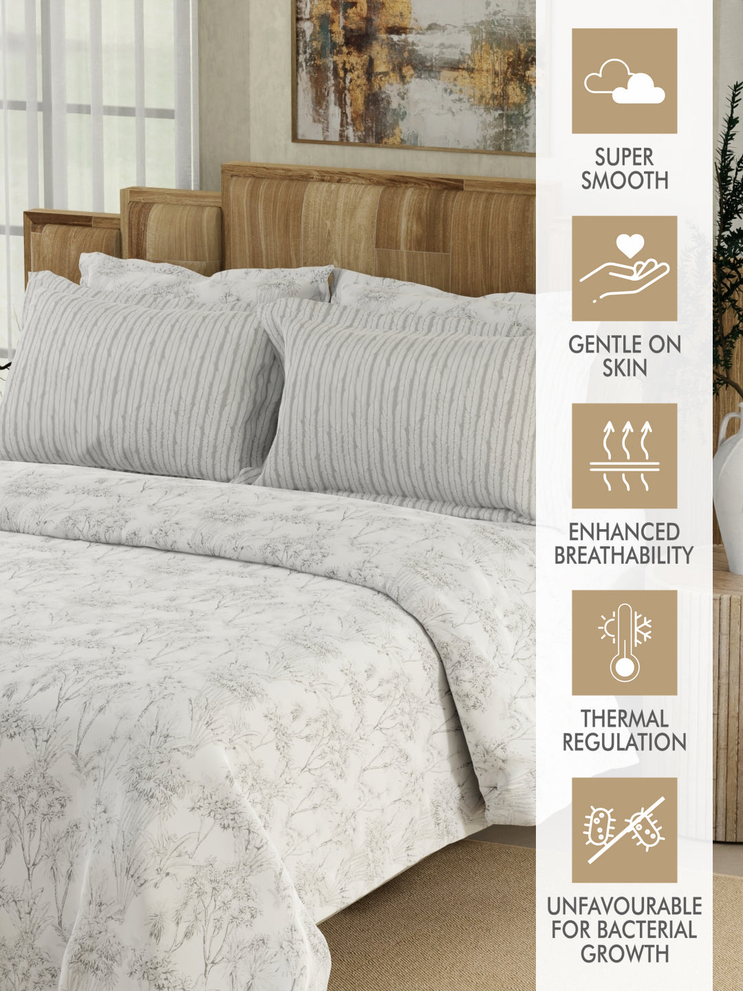 Zen Living 500 TC TENCEL™ King Size Bedsheet with 4 Pillow Covers (Double Marrow Stitch) - White & Grey Floral Print