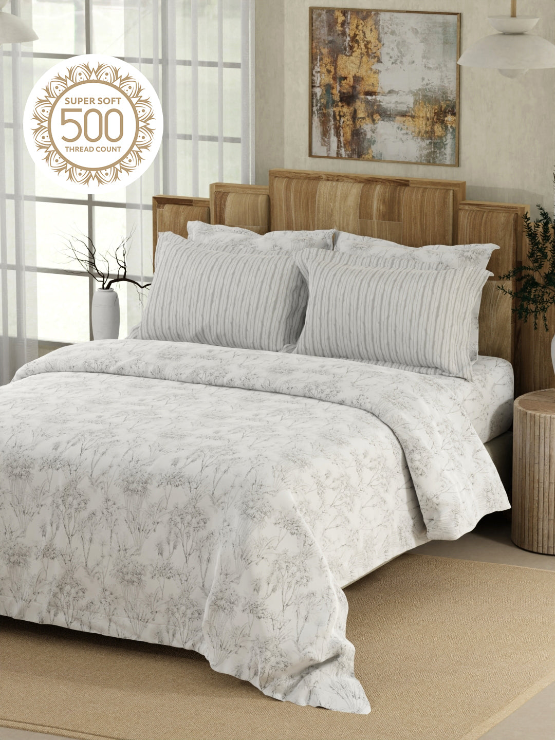 Zen Living 500 TC TENCEL™ King Size Bedsheet with 4 Pillow Covers (Double Marrow Stitch) - White & Grey Floral Print