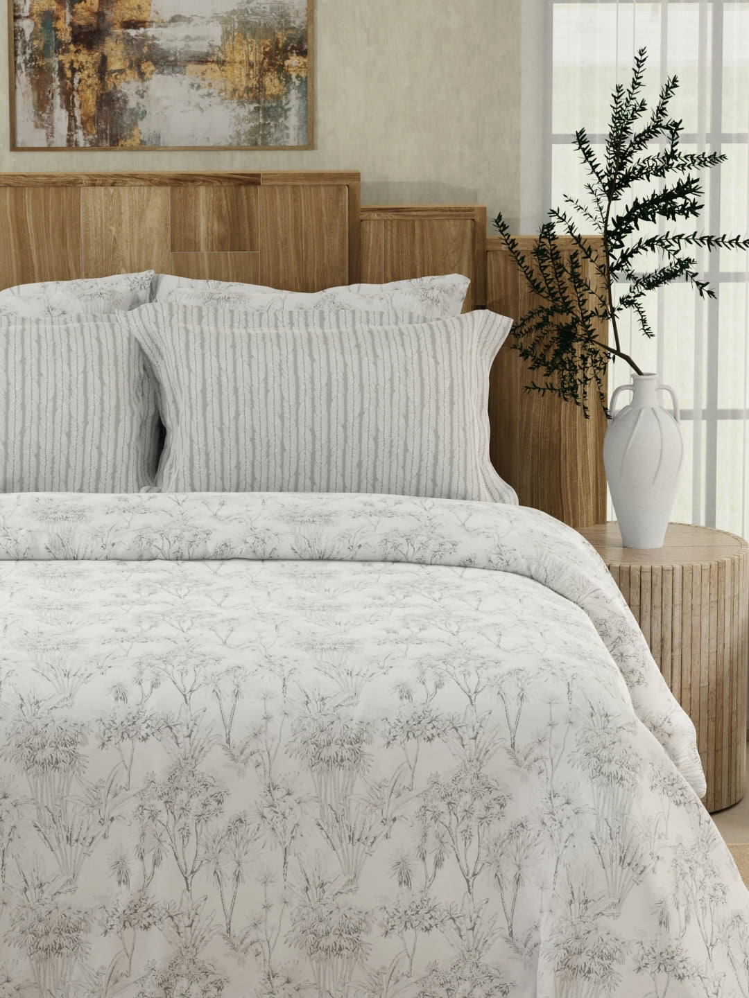 Zen Living 500 TC TENCEL™ King Size Bedsheet with 4 Pillow Covers (Double Marrow Stitch) - White & Grey Floral Print