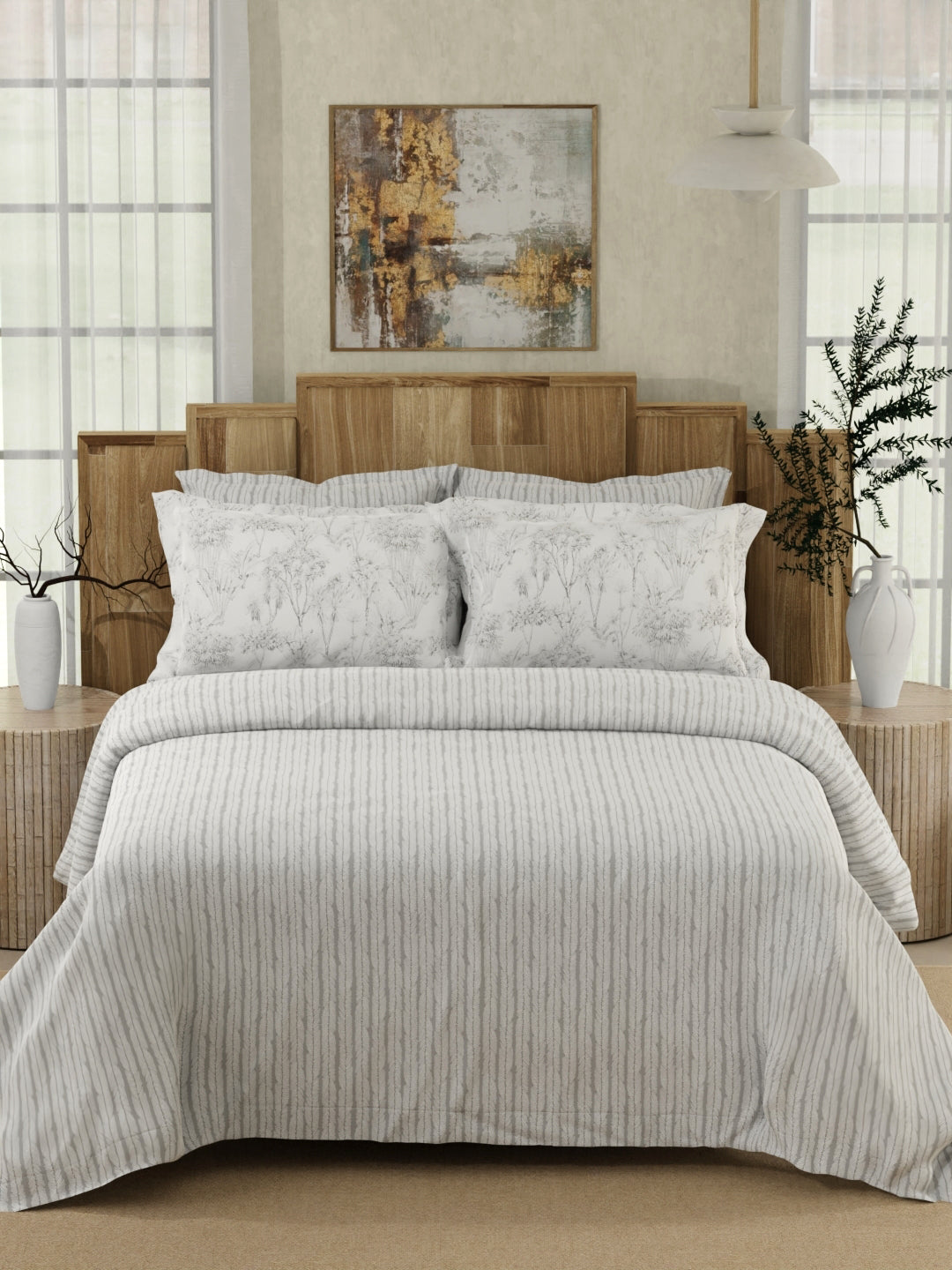 Zen Living 500 TC TENCEL™ King Size Bedsheet with 4 Pillow Covers (Double Marrow Stitch) - White & Grey Stripes