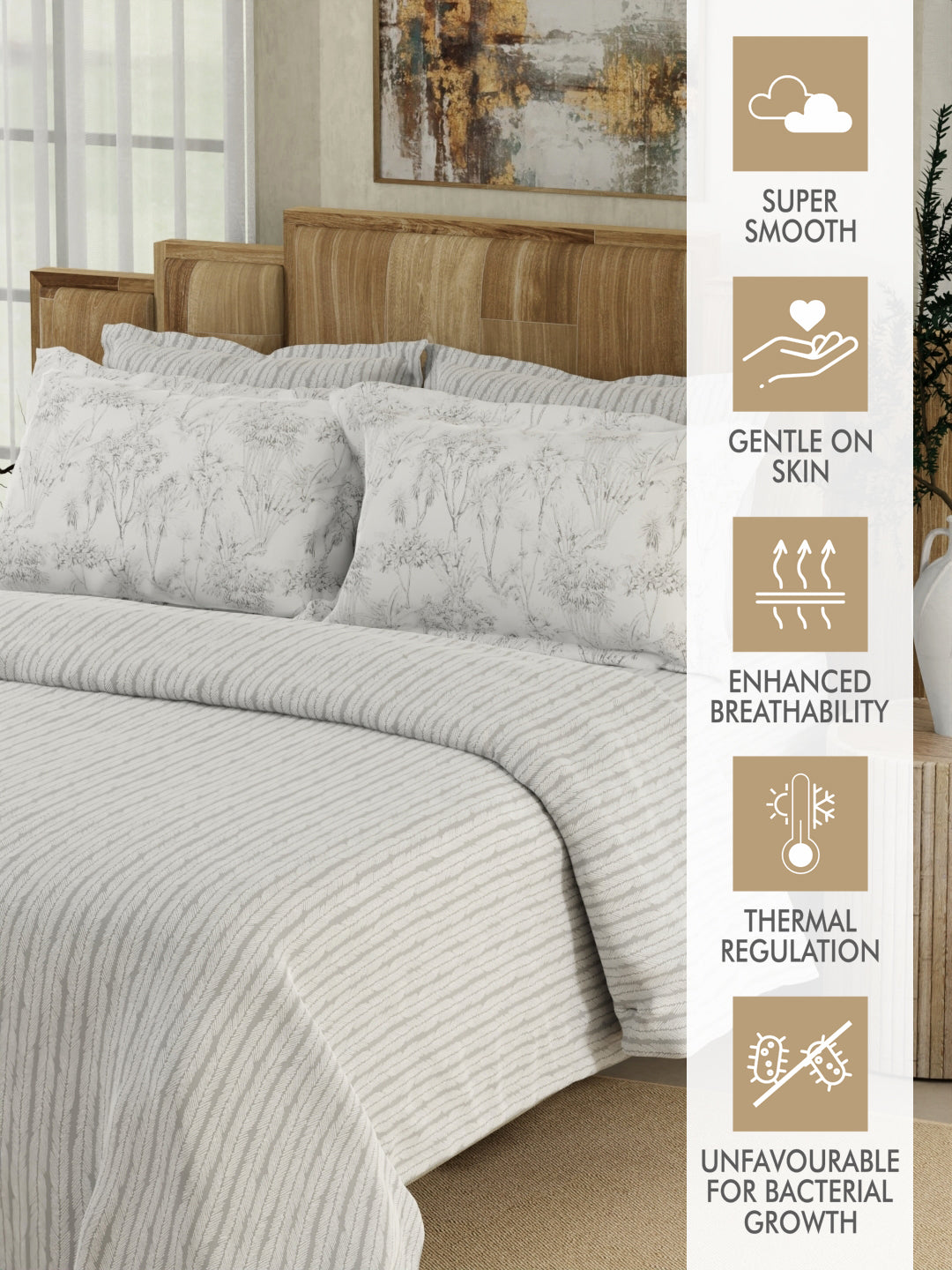 Zen Living 500 TC TENCEL™ King Size Bedsheet with 4 Pillow Covers (Double Marrow Stitch) - White & Grey Stripes