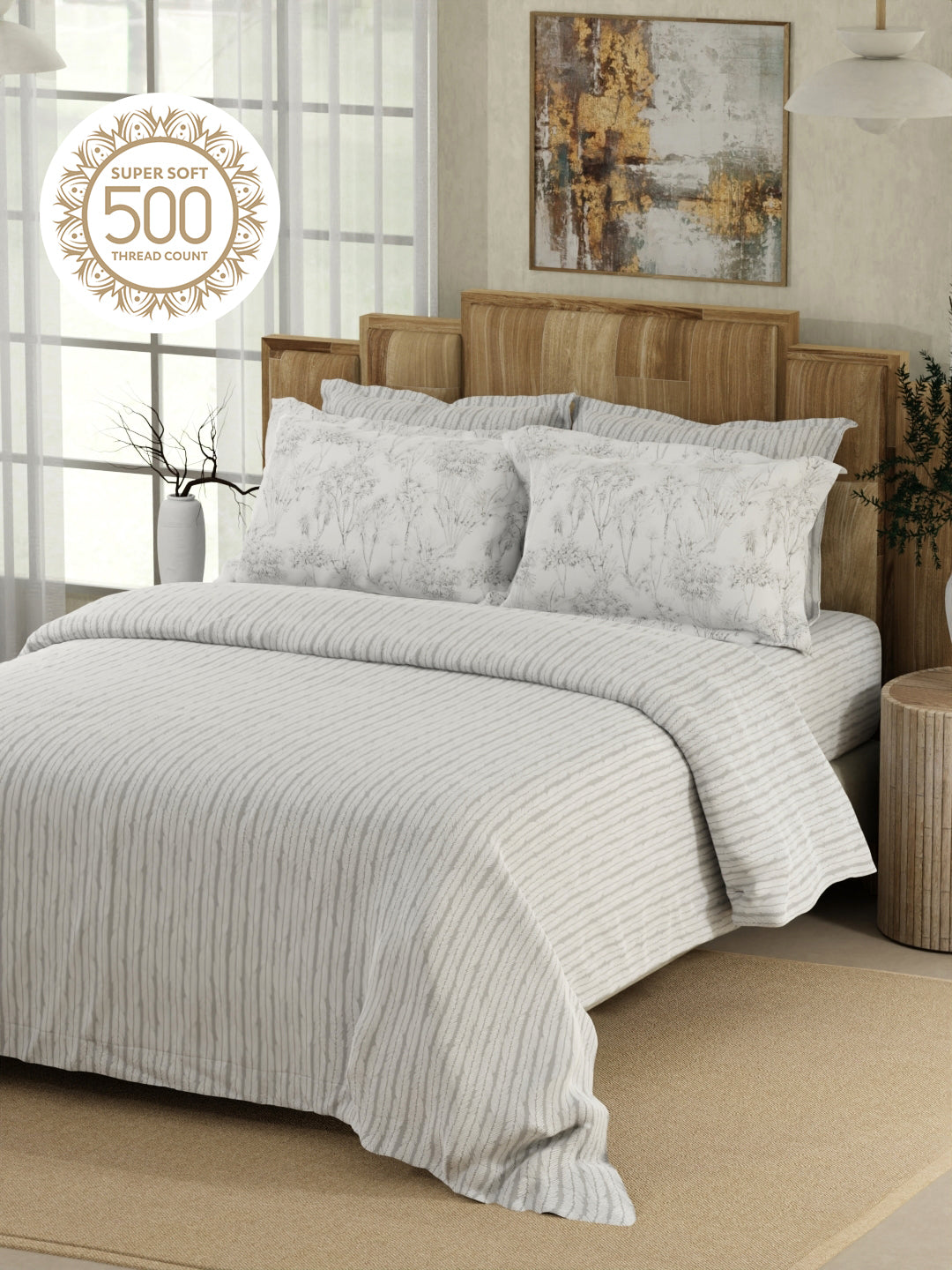 Zen Living 500 TC TENCEL™ King Size Bedsheet with 4 Pillow Covers (Double Marrow Stitch) - White & Grey Stripes
