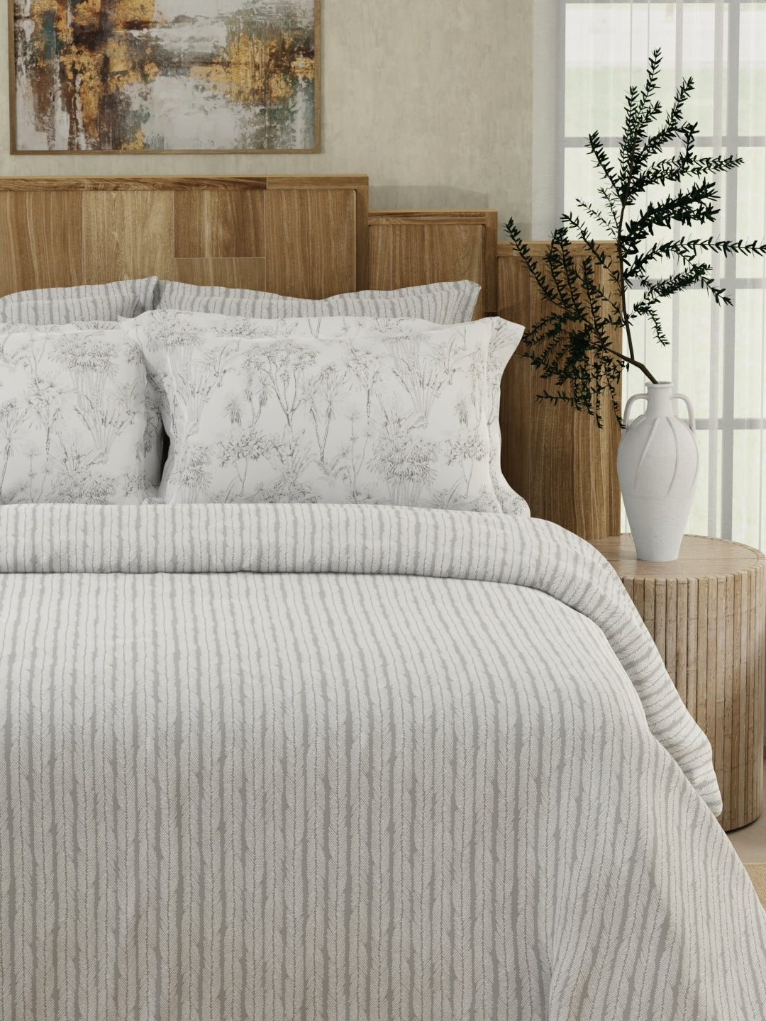 Zen Living 500 TC TENCEL™ King Size Bedsheet with 4 Pillow Covers (Double Marrow Stitch) - White & Grey Stripes