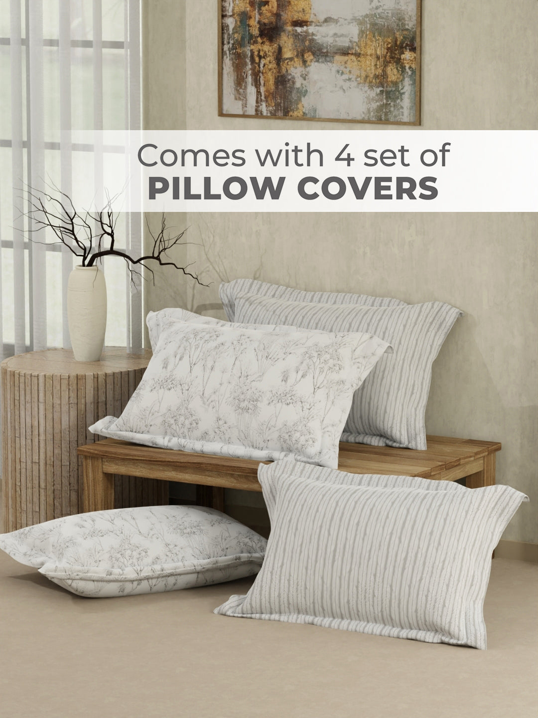 Zen Living 500 TC TENCEL™ King Size Bedsheet with 4 Pillow Covers (Double Marrow Stitch) - White & Grey Stripes