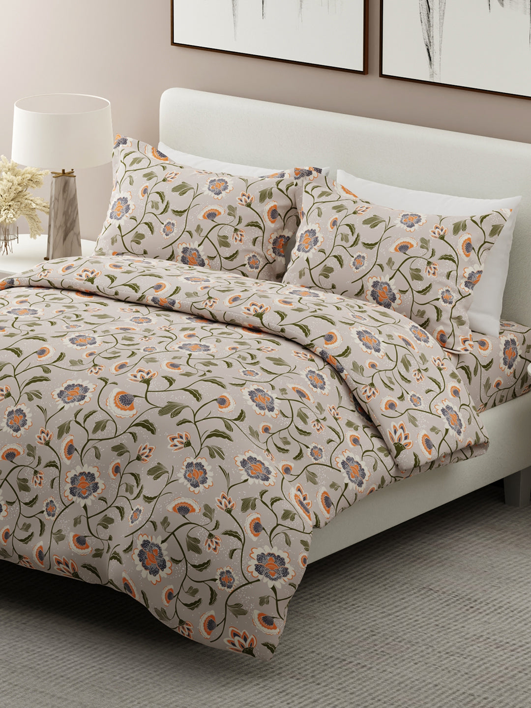 Siesta 100% Cotton 200 TC Grey Floral Print King Bedsheet with 2 Pillow Covers