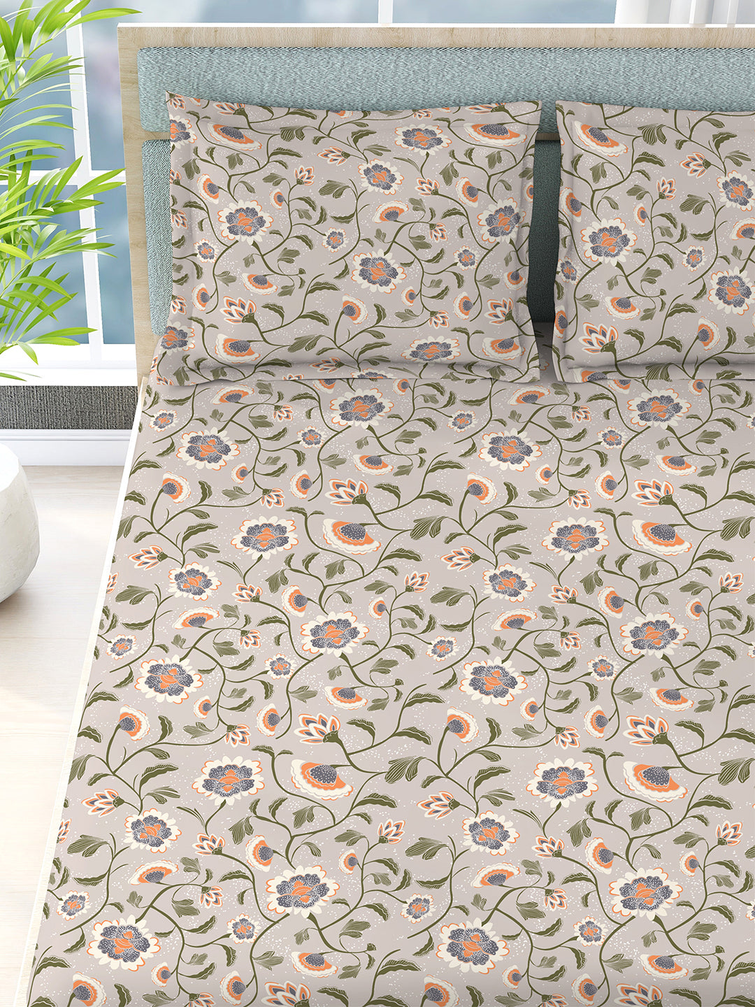 Siesta 100% Cotton 200 TC Grey Floral Print King Bedsheet with 2 Pillow Covers