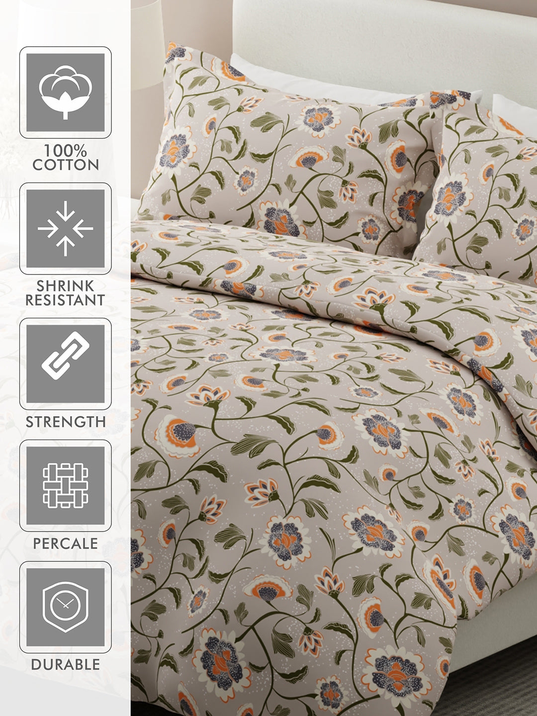 Siesta 100% Cotton 200 TC Grey Floral Print King Bedsheet with 2 Pillow Covers