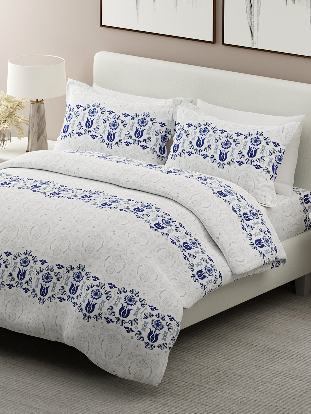 Siesta 100% Cotton 200 TC White & Blue Ethnic Print King Bedsheet with 2 Pillow Covers