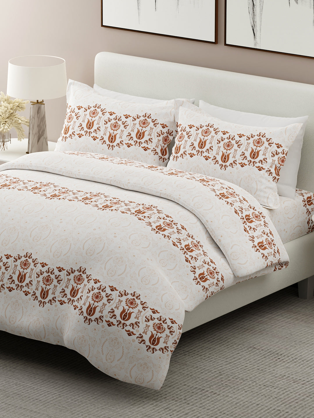 Siesta 100% Cotton 200 TC White Ethnic Print King Bedsheet with 2 Pillow Covers