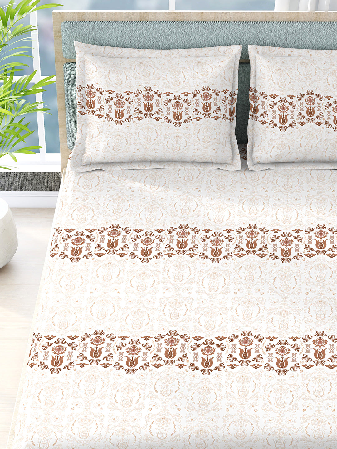 Siesta 100% Cotton 200 TC White Ethnic Print King Bedsheet with 2 Pillow Covers
