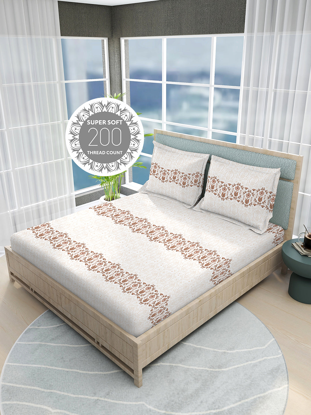 Siesta 100% Cotton 200 TC White Ethnic Print King Bedsheet with 2 Pillow Covers