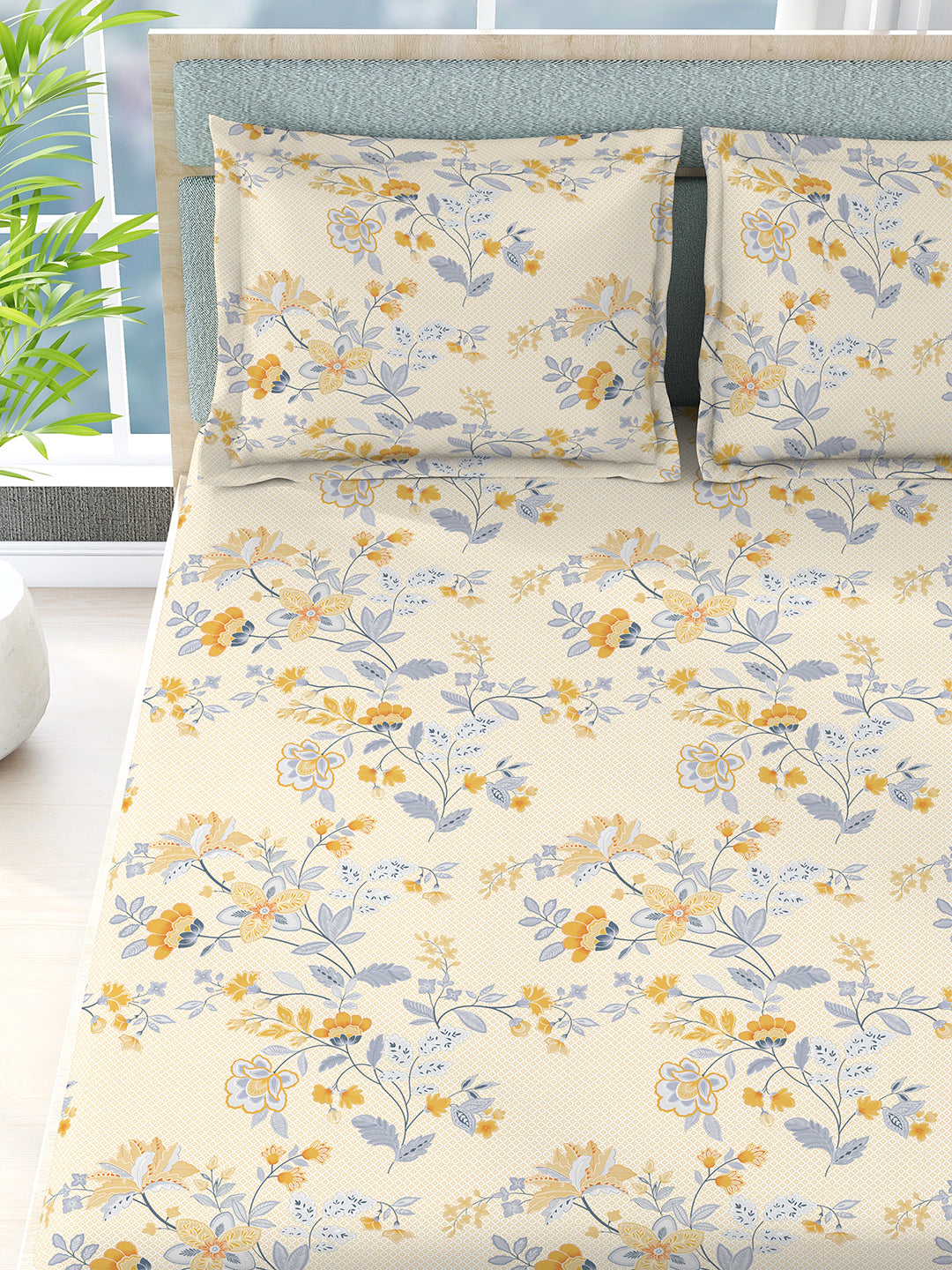 Siesta 100% Cotton 200 TC Yellow Floral Print King Bedsheet with 2 Pillow Covers
