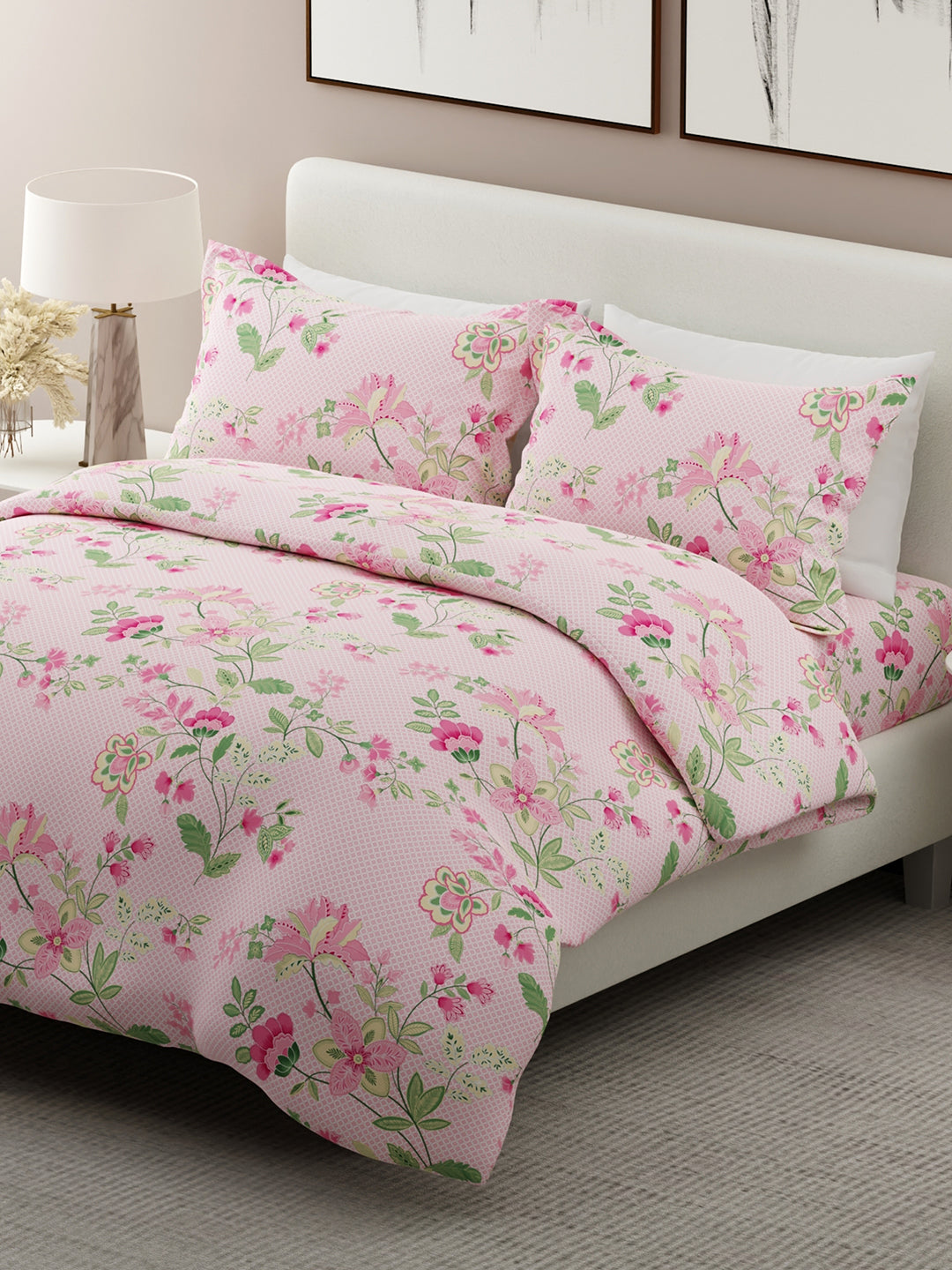 Siesta 100% Cotton 200 TC Pink Floral Print King Bedsheet with 2 Pillow Covers