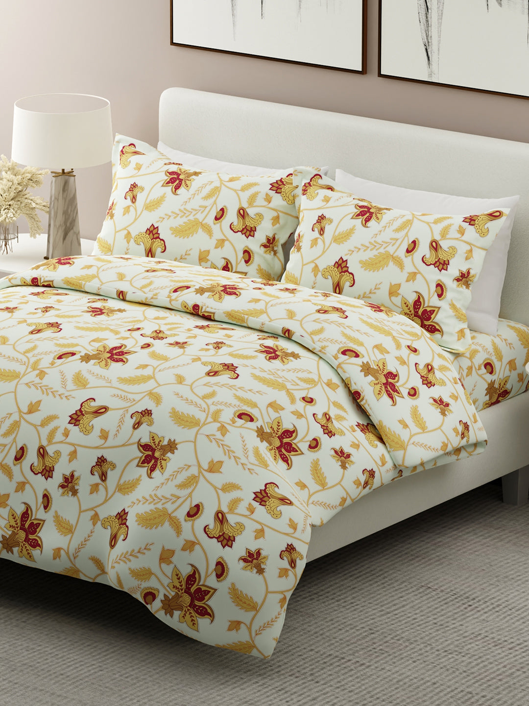 Siesta 100% Cotton 200 TC White & Yellow Floral Print King Bedsheet with 2 Pillow Covers
