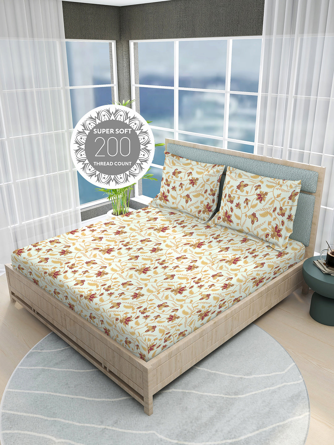 Siesta 100% Cotton 200 TC White & Yellow Floral Print King Bedsheet with 2 Pillow Covers